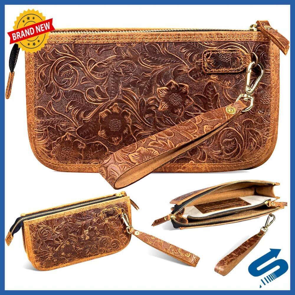 Genuine Leather Clutch Wristlet Multi-Functional Card Holder Phone Wallet Retro